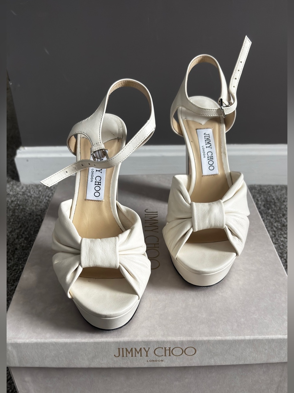 Jimmy Choo Cream Knotted Bow Platform Sandals
